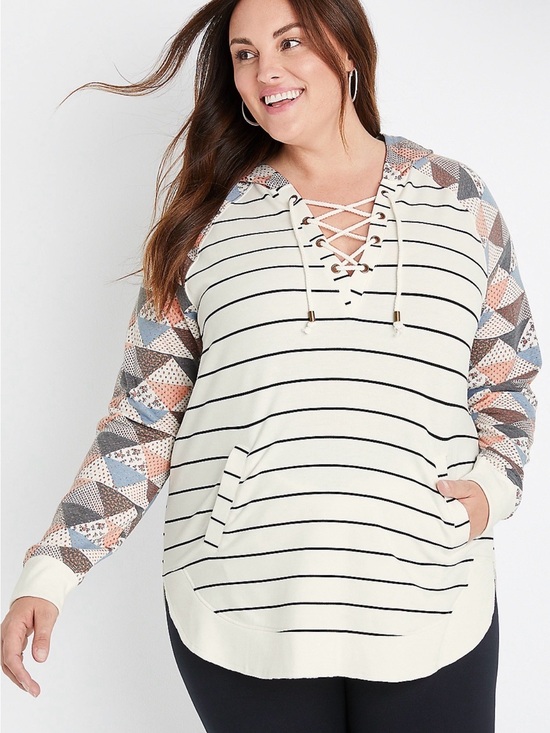 Maurices Tops - Striped Patchwork Lace Up Harmony Hoodie